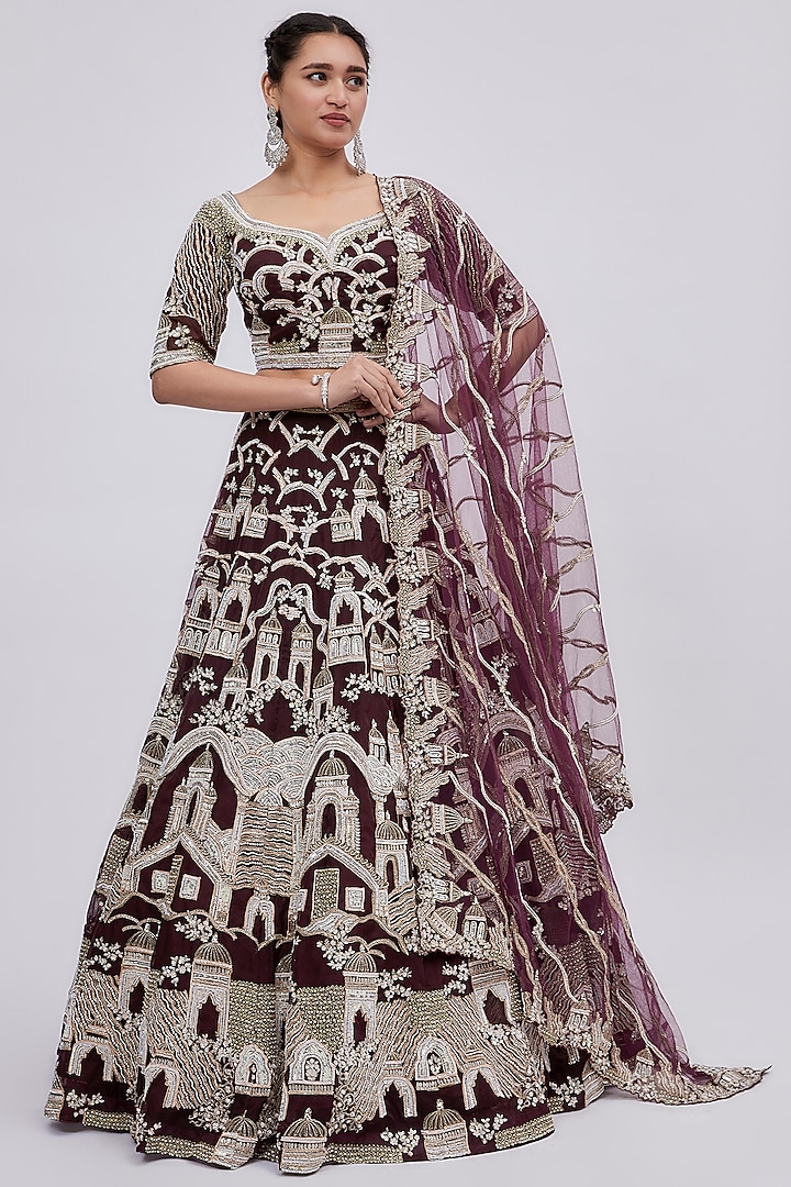 Wine Organza Embroidered Bridal Lehenga Set by Kalighata at Pernia's Pop Up Shop