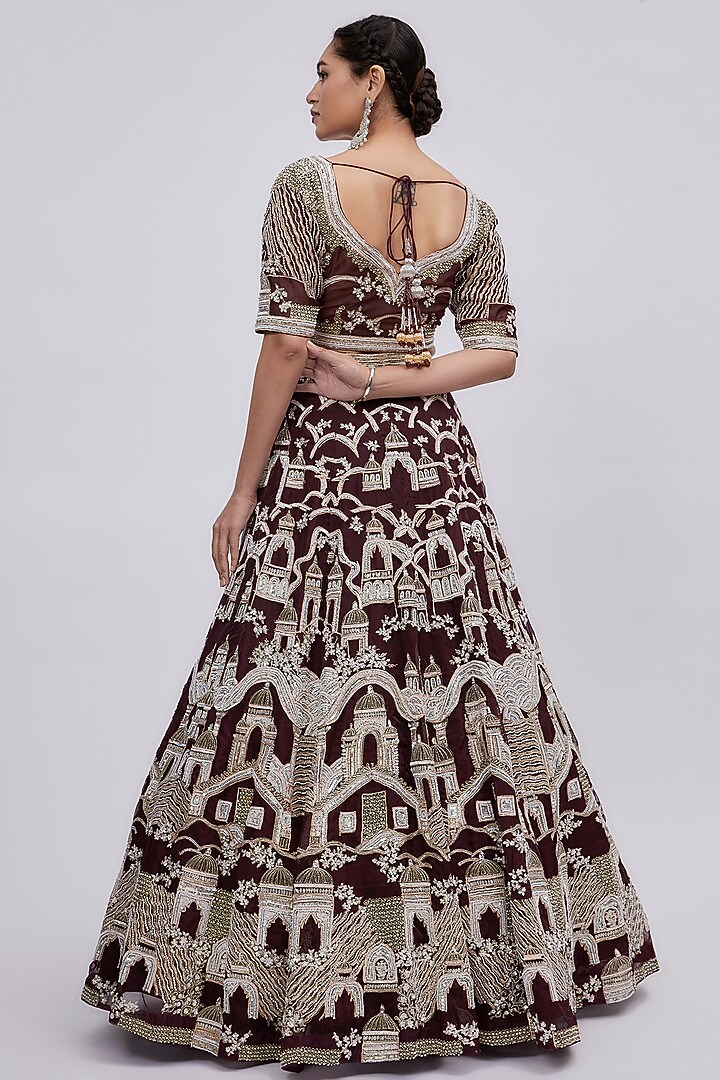 Wine Organza Embroidered Bridal Lehenga Set by Kalighata at Pernia's Pop Up Shop