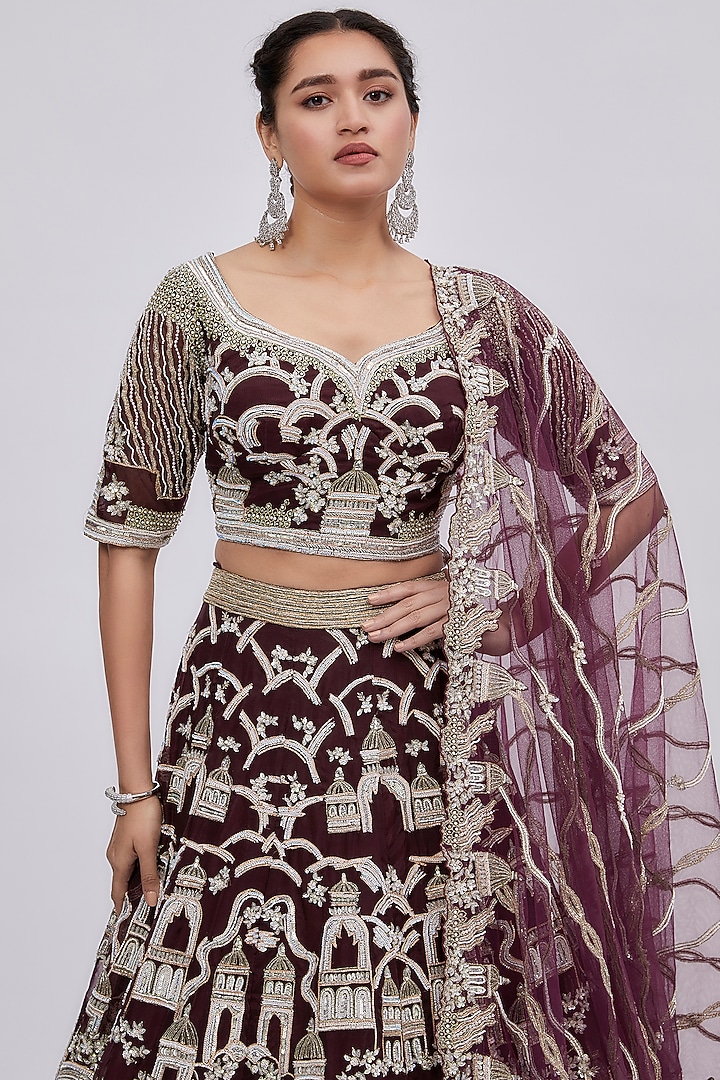 Wine Organza Embroidered Bridal Lehenga Set by Kalighata at Pernia's Pop Up Shop