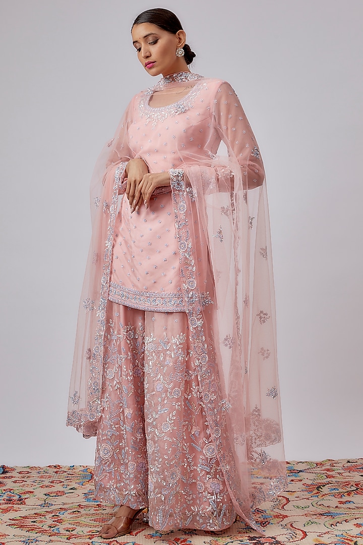 Pink Organza Embroidered Sharara Set by Kalighata at Pernia's Pop Up Shop