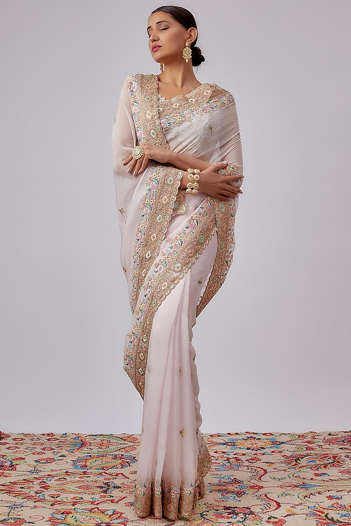 Pink Pure Organza Hand Embroidered Reception Saree Set by Kalighata at Pernia's Pop Up Shop