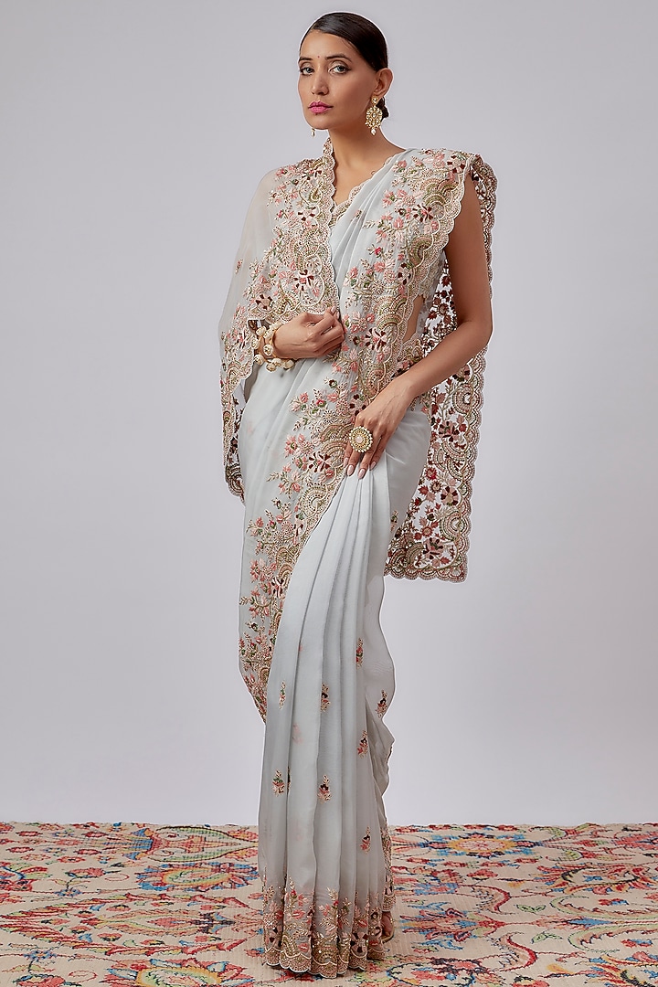 Aqua Pure Organza Hand Embroidered Reception Saree Set by Kalighata at Pernia's Pop Up Shop