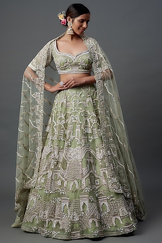 Green Organza Embroidered Lehenga Set by Kalighata