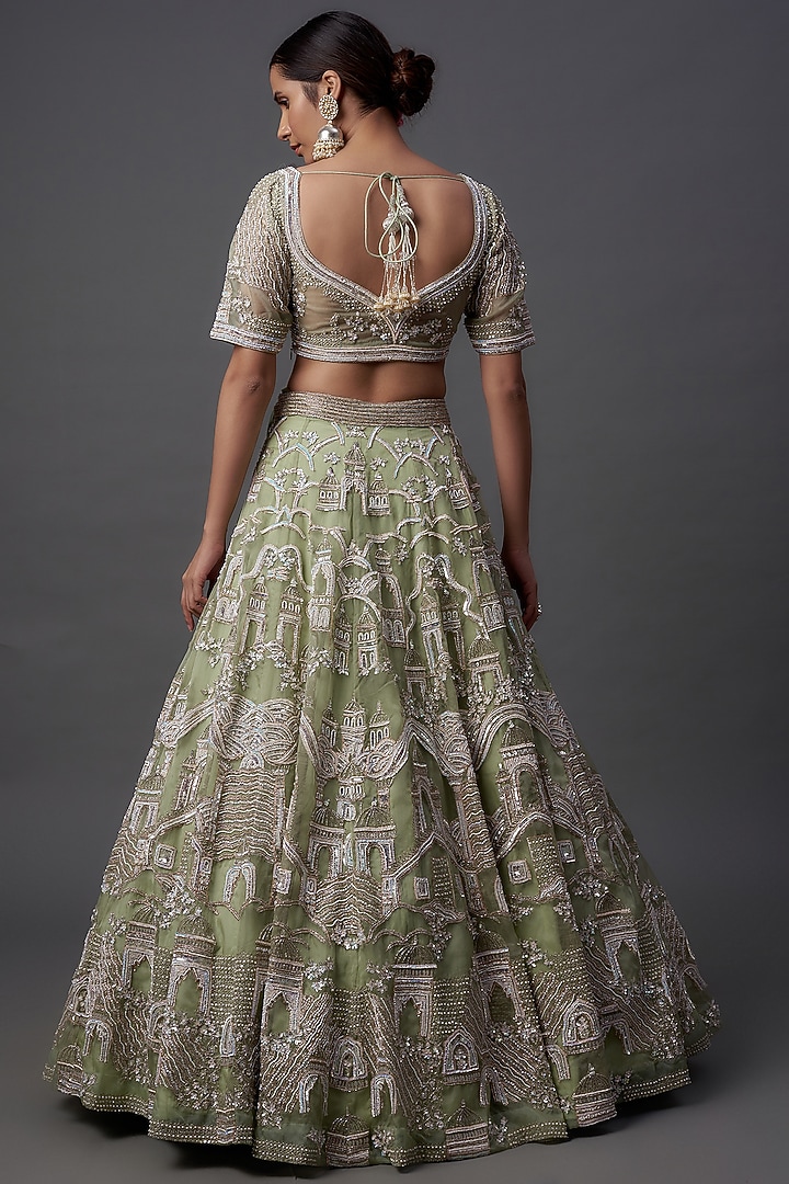 Green Organza Embroidered Bridal Lehenga Set by Kalighata at Pernia's Pop Up Shop