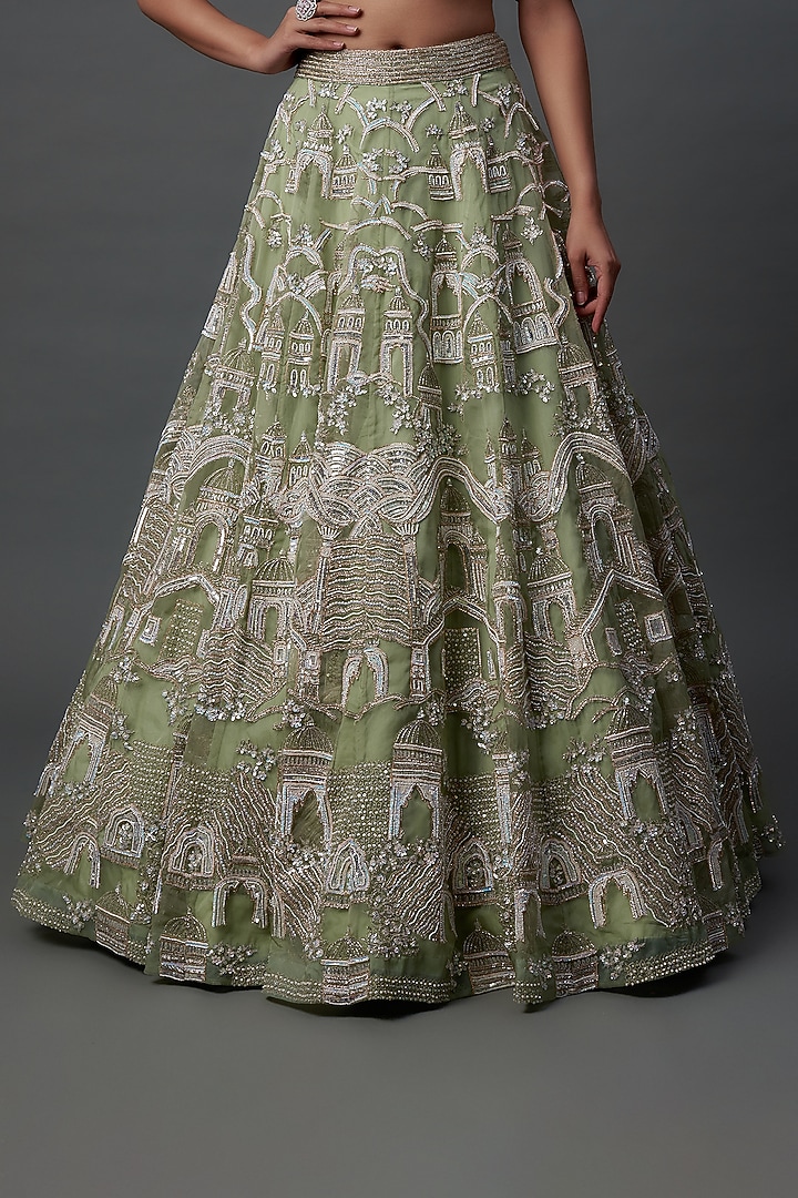 Green Organza Embroidered Bridal Lehenga Set by Kalighata at Pernia's Pop Up Shop