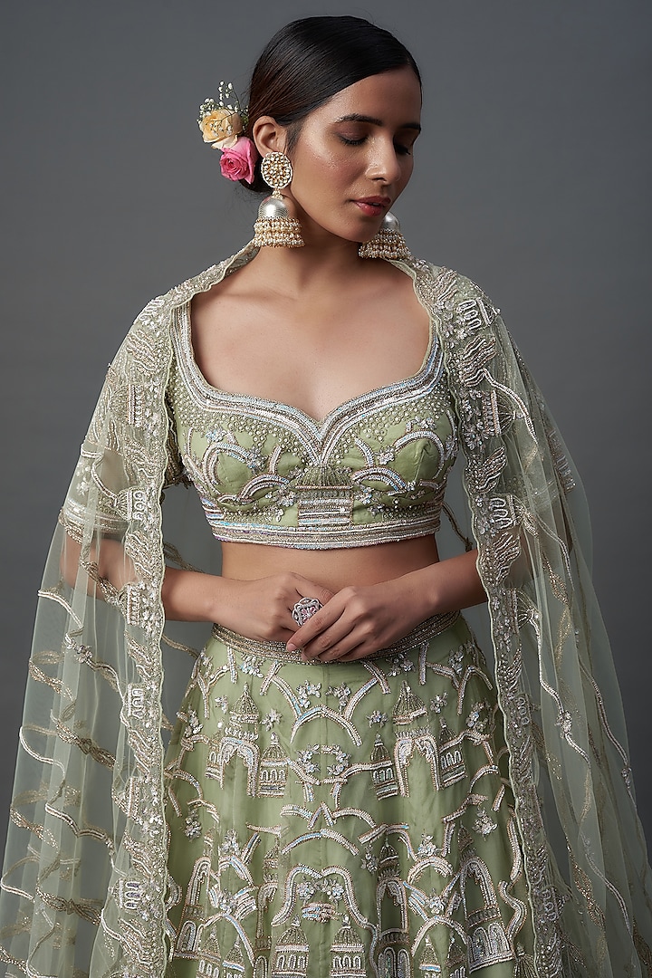 Green Organza Embroidered Bridal Lehenga Set by Kalighata at Pernia's Pop Up Shop