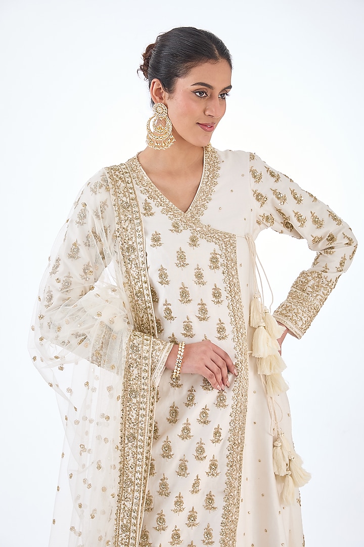 Ivory Chanderi Hand & Machine Embroidered Bridal Sharara Set by Kalighata at Pernia's Pop Up Shop