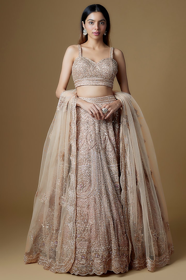 Gold Organza Embroidered Lehenga Set by Kalighata