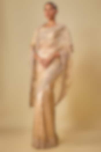 Gold Tissue Hand & Machine Embroidered Bridal Saree Set by Kalighata at Pernia's Pop Up Shop