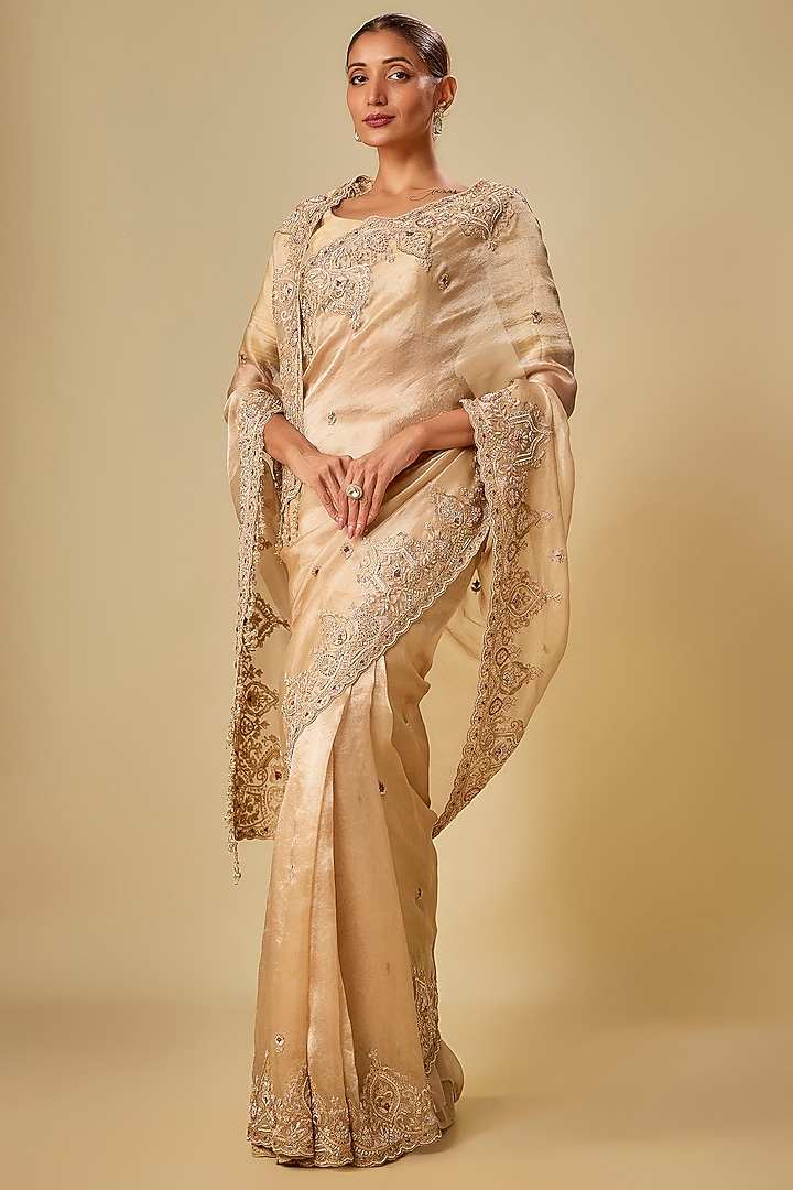 Gold Tissue Hand & Machine Embroidered Bridal Saree Set by Kalighata at Pernia's Pop Up Shop