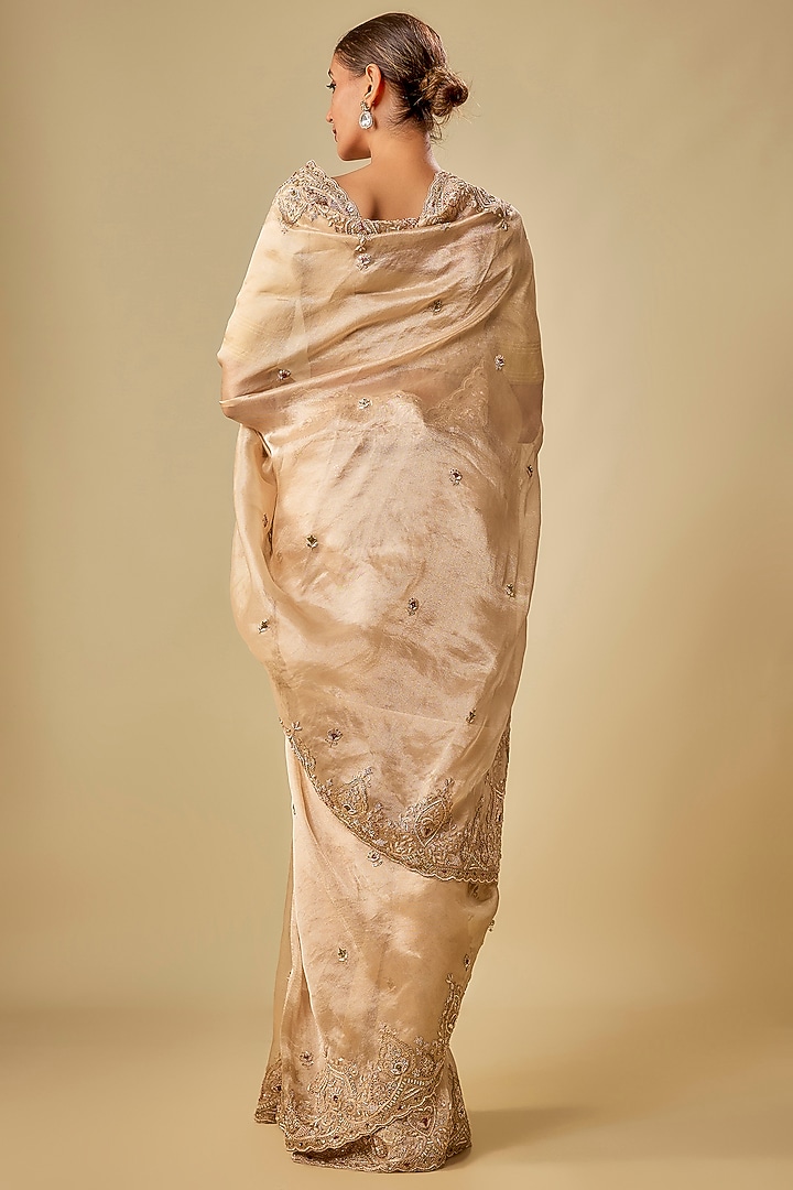 Gold Tissue Hand & Machine Embroidered Bridal Saree Set by Kalighata at Pernia's Pop Up Shop