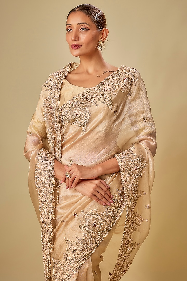 Gold Tissue Hand & Machine Embroidered Bridal Saree Set by Kalighata at Pernia's Pop Up Shop