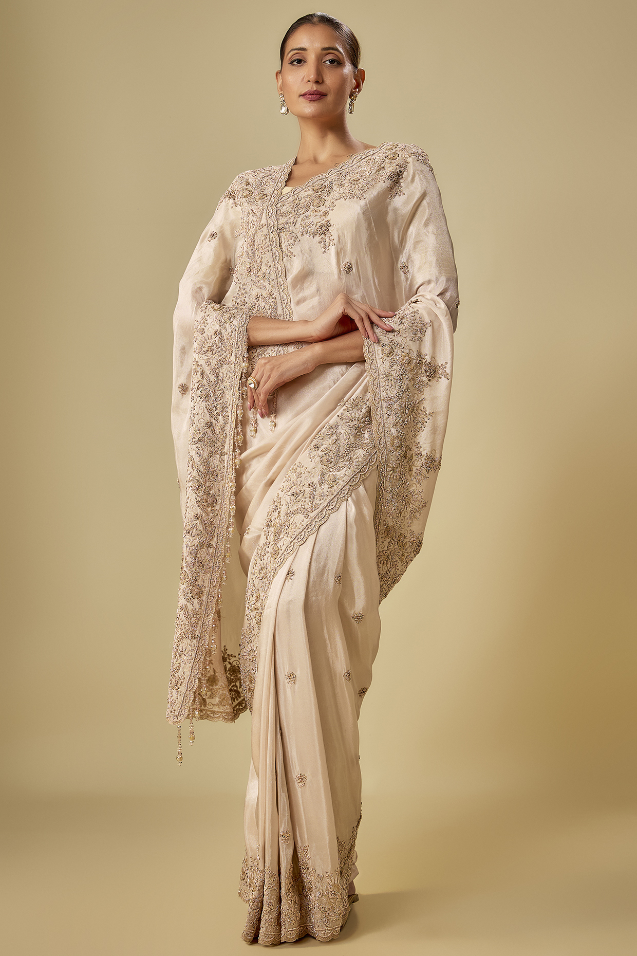 Peach Tissue Hand & Machine Embroidered Bridal Saree Set by Kalighata at Pernia's Pop Up Shop