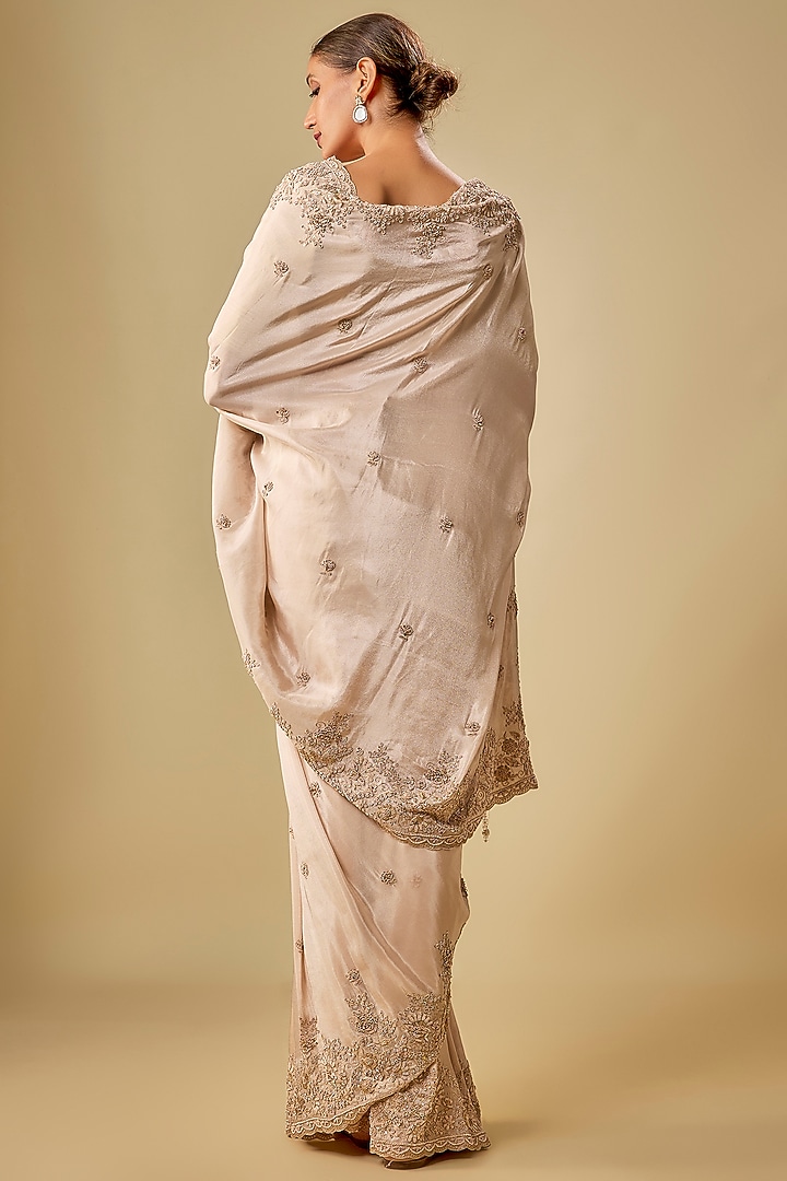 Peach Tissue Hand & Machine Embroidered Bridal Saree Set by Kalighata at Pernia's Pop Up Shop