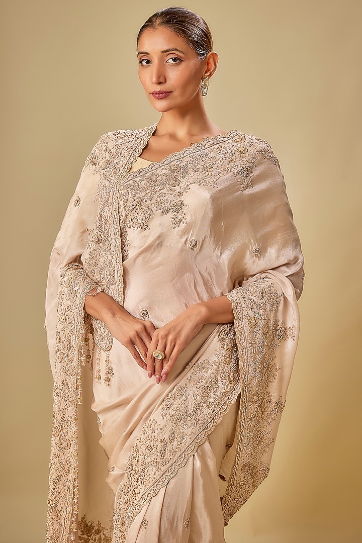 Peach Tissue Hand & Machine Embroidered Bridal Saree Set by Kalighata at Pernia's Pop Up Shop