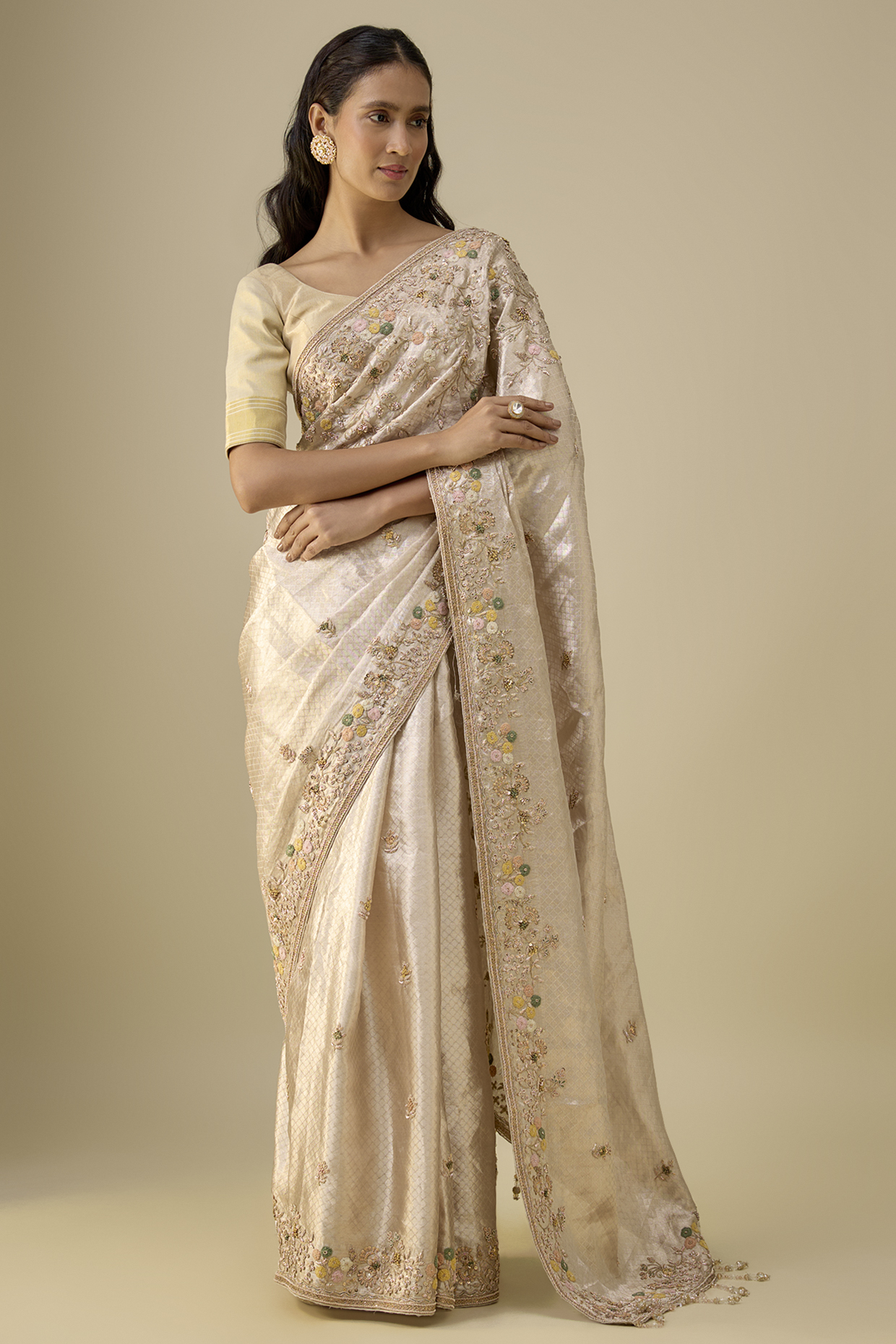 Gold Banarasi Sequins Embroidered Bridal Saree Set by Kalighata at Pernia's Pop Up Shop