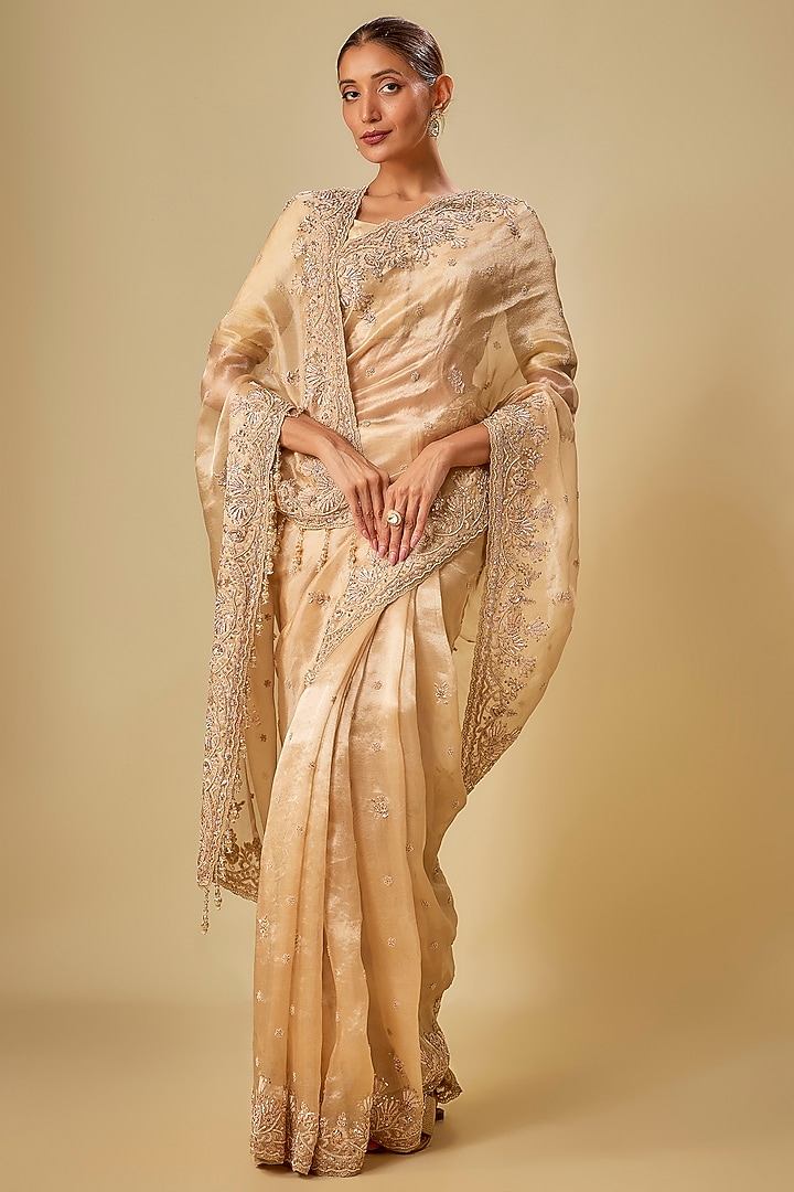 Gold Tissue Hand & Machine Embroidered Bridal Saree Set by Kalighata at Pernia's Pop Up Shop