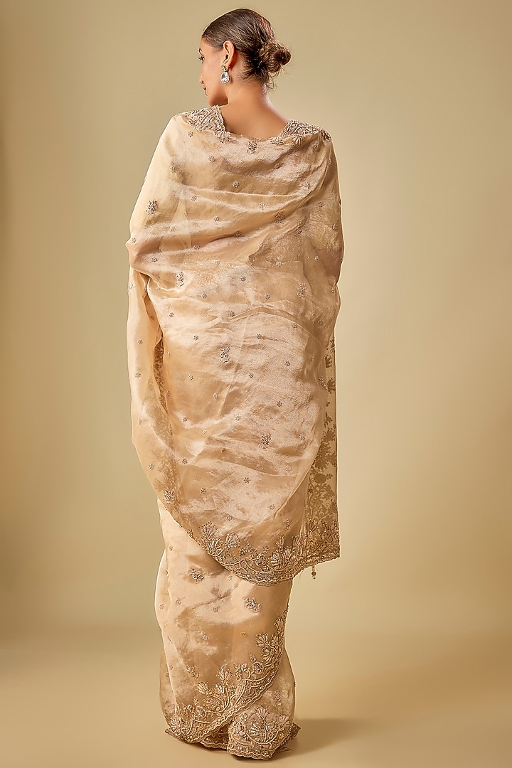 Gold Tissue Hand & Machine Embroidered Bridal Saree Set by Kalighata at Pernia's Pop Up Shop