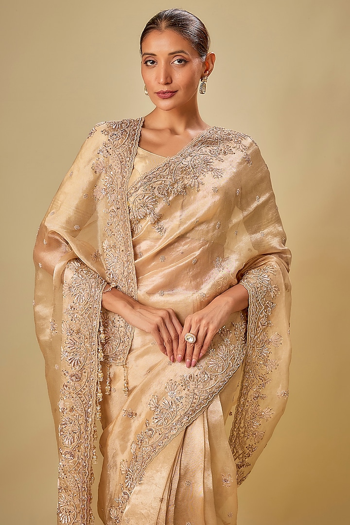 Gold Tissue Hand & Machine Embroidered Bridal Saree Set by Kalighata at Pernia's Pop Up Shop