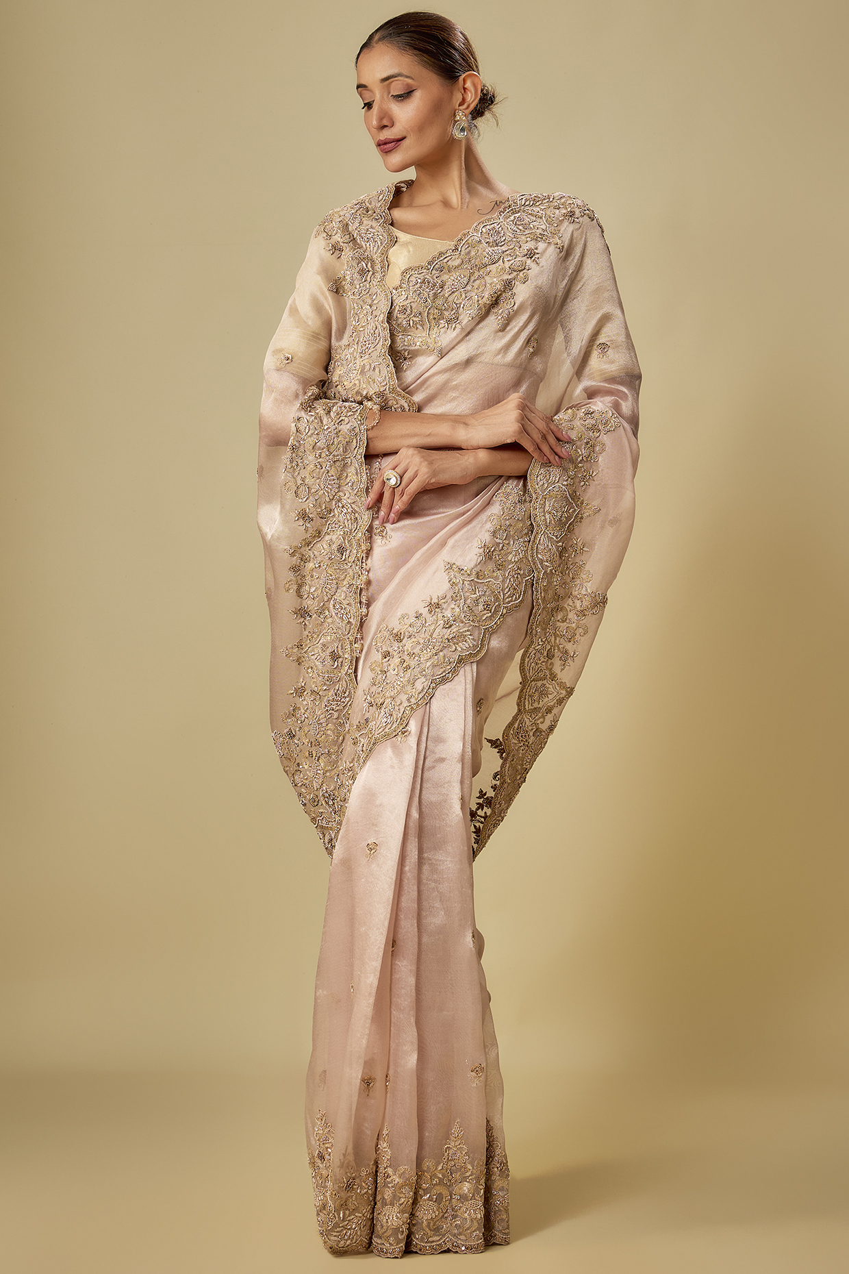 Peach Tissue Hand & Machine Embroidered Bridal Saree Set by Kalighata at Pernia's Pop Up Shop