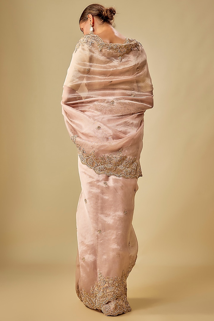 Peach Tissue Hand & Machine Embroidered Bridal Saree Set by Kalighata at Pernia's Pop Up Shop