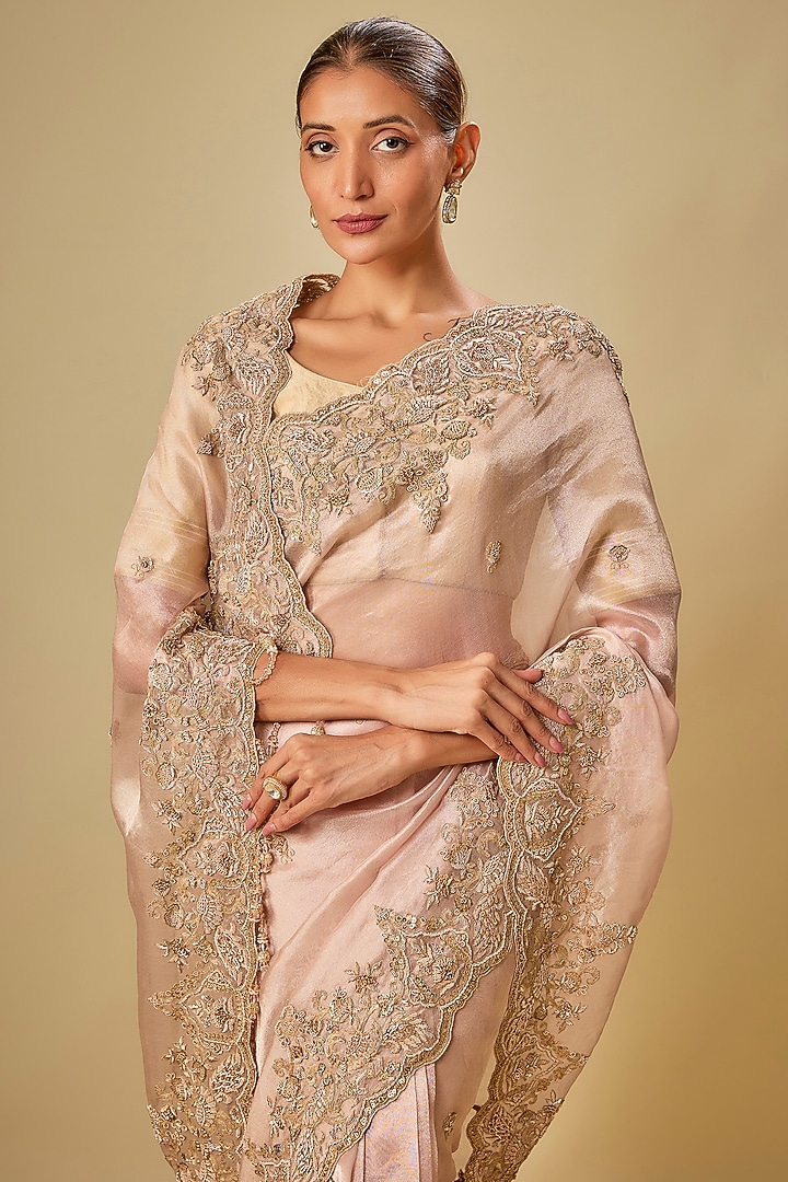 Peach Tissue Hand & Machine Embroidered Bridal Saree Set by Kalighata at Pernia's Pop Up Shop