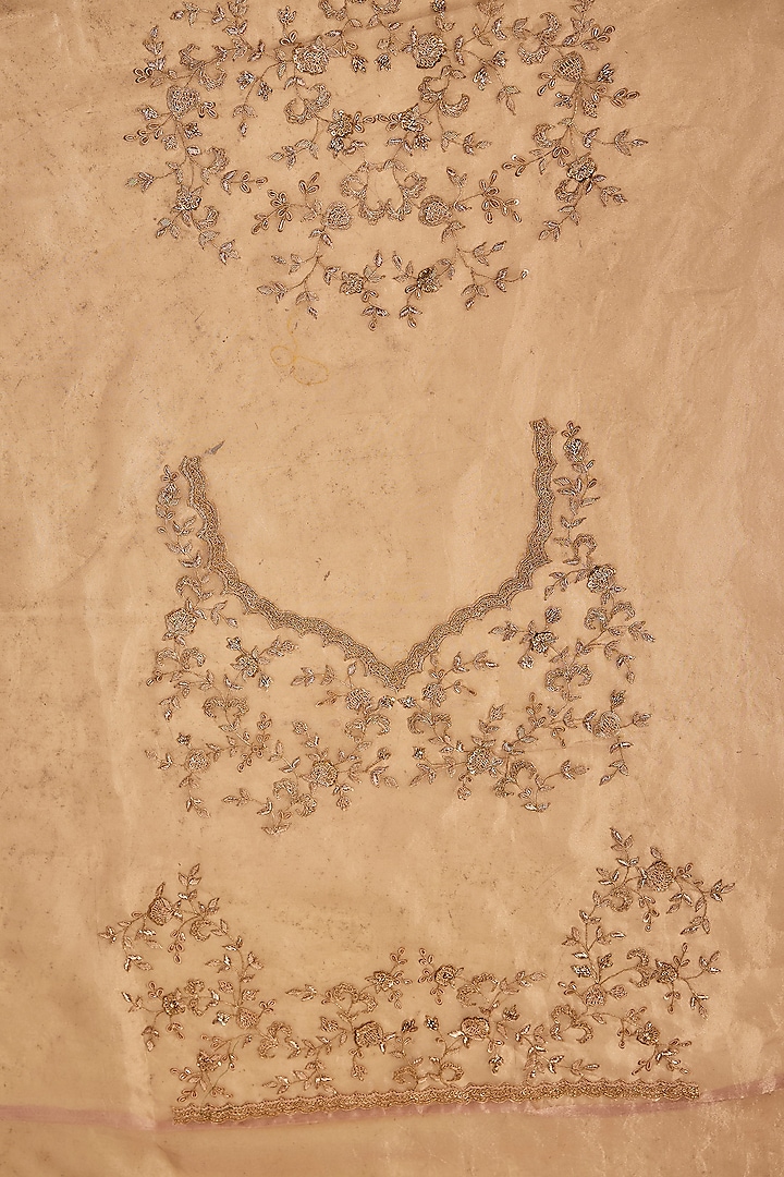 Peach Tissue Hand & Machine Embroidered Bridal Saree Set by Kalighata at Pernia's Pop Up Shop