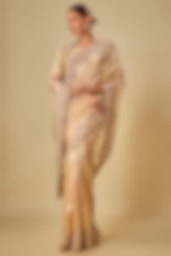 Gold Tissue Hand & Machine Embroidered Bridal Saree Set by Kalighata at Pernia's Pop Up Shop