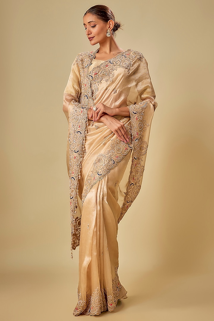 Gold Tissue Hand & Machine Embroidered Bridal Saree Set by Kalighata at Pernia's Pop Up Shop