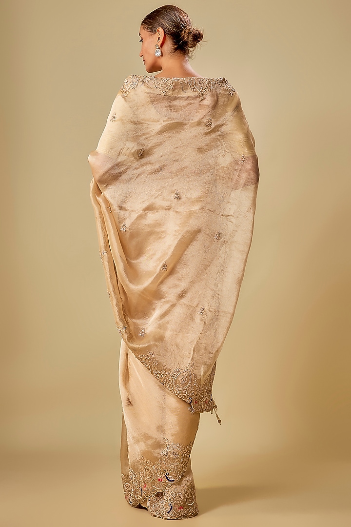 Gold Tissue Hand & Machine Embroidered Bridal Saree Set by Kalighata at Pernia's Pop Up Shop