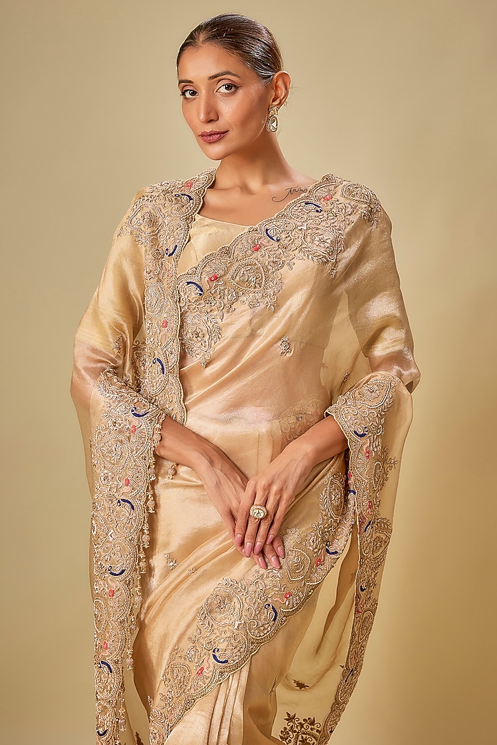 Gold Tissue Hand & Machine Embroidered Bridal Saree Set by Kalighata at Pernia's Pop Up Shop
