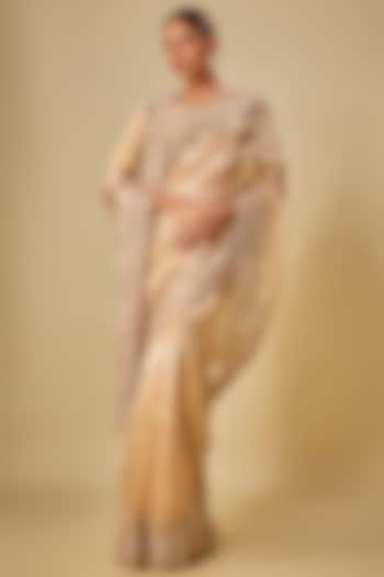 Gold Tissue Hand & Machine Embroidered Bridal Saree Set by Kalighata at Pernia's Pop Up Shop