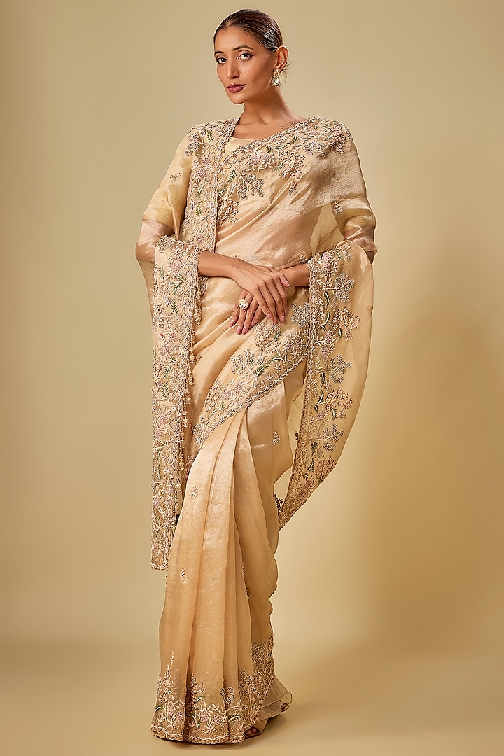 Gold Tissue Hand & Machine Embroidered Bridal Saree Set by Kalighata at Pernia's Pop Up Shop