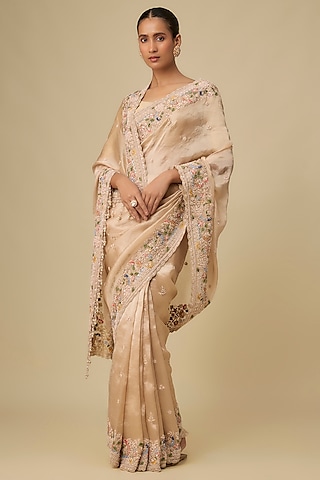 Gold pearl embroidered crushed tissue silk angrakha set main image 0