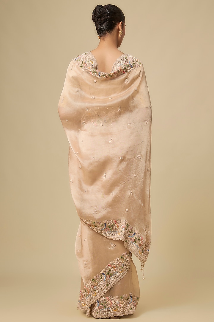 Gold Tissue Hand & Machine Embroidered Reception Saree Set by Kalighata at Pernia's Pop Up Shop
