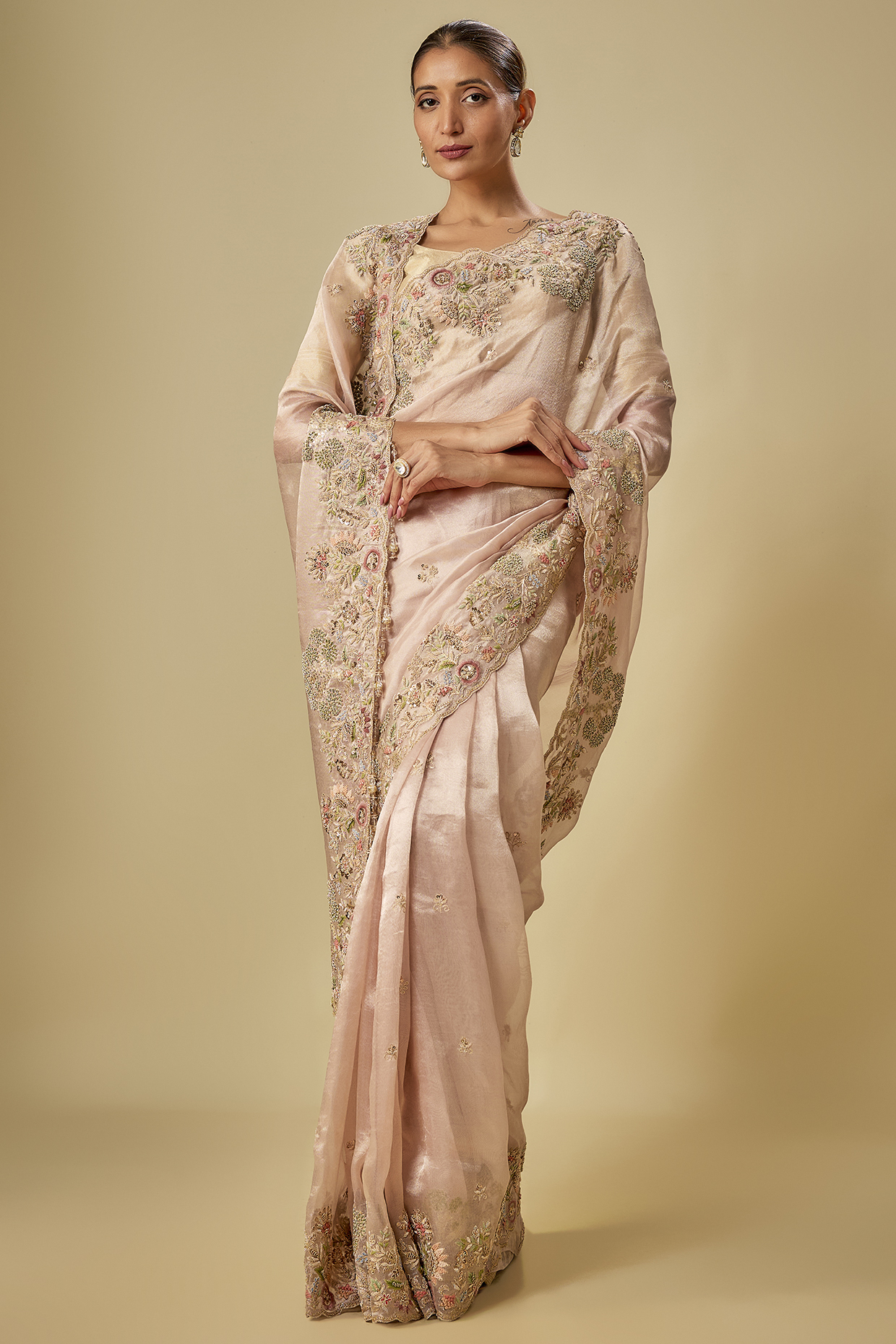 Peach Tissue Hand & Machine Embroidered Bridal Saree Set by Kalighata at Pernia's Pop Up Shop