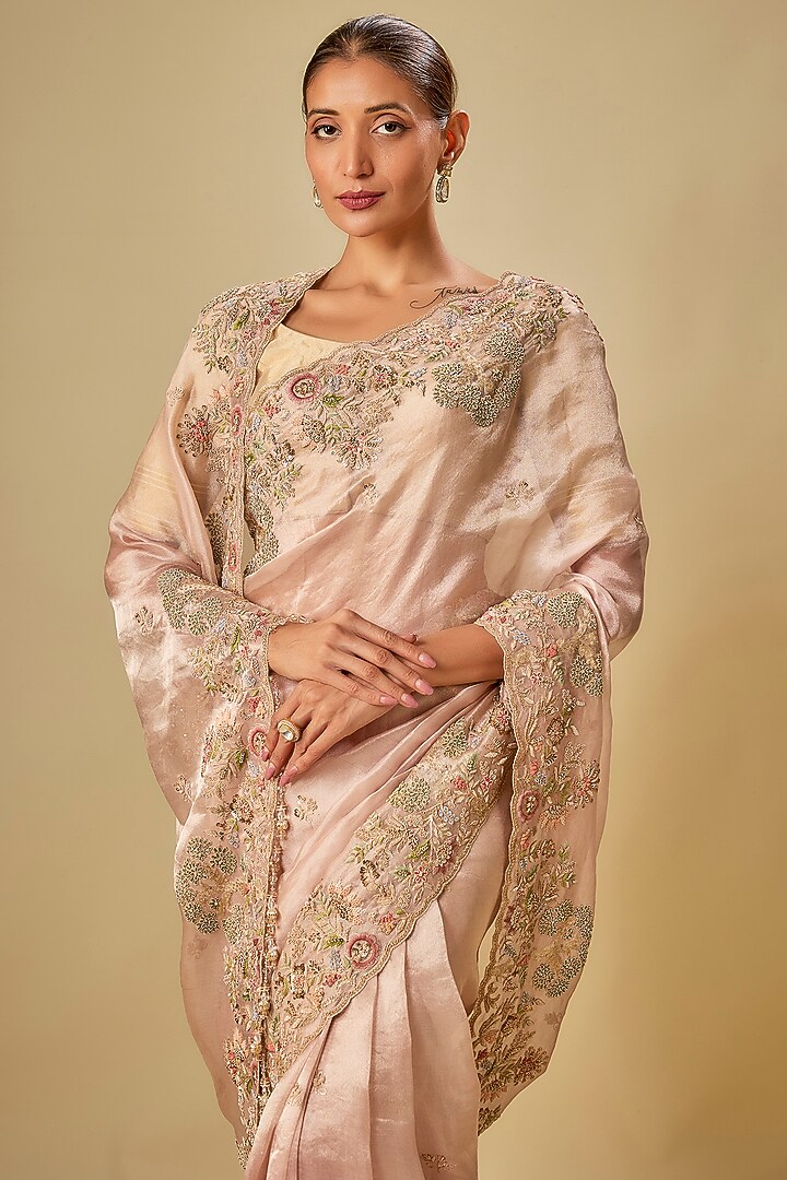 Peach Tissue Hand & Machine Embroidered Bridal Saree Set by Kalighata at Pernia's Pop Up Shop