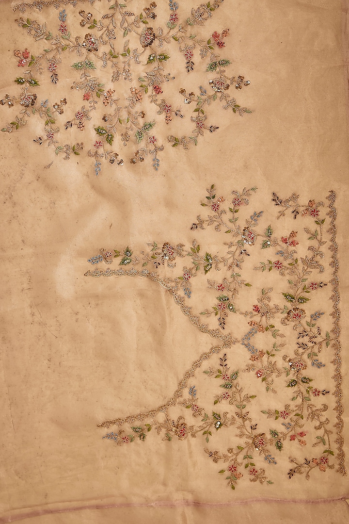Peach Tissue Hand & Machine Embroidered Bridal Saree Set by Kalighata at Pernia's Pop Up Shop