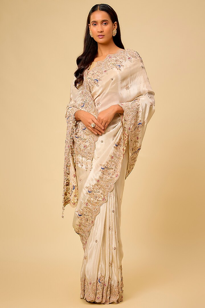 Ivory Tissue Hand & Machine Embroidered Reception Saree Set by Kalighata at Pernia's Pop Up Shop