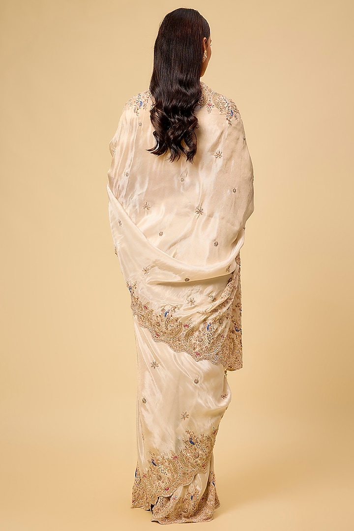 Ivory Tissue Hand & Machine Embroidered Reception Saree Set by Kalighata at Pernia's Pop Up Shop
