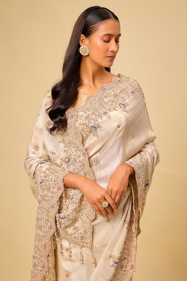 Ivory Tissue Hand & Machine Embroidered Reception Saree Set by Kalighata at Pernia's Pop Up Shop