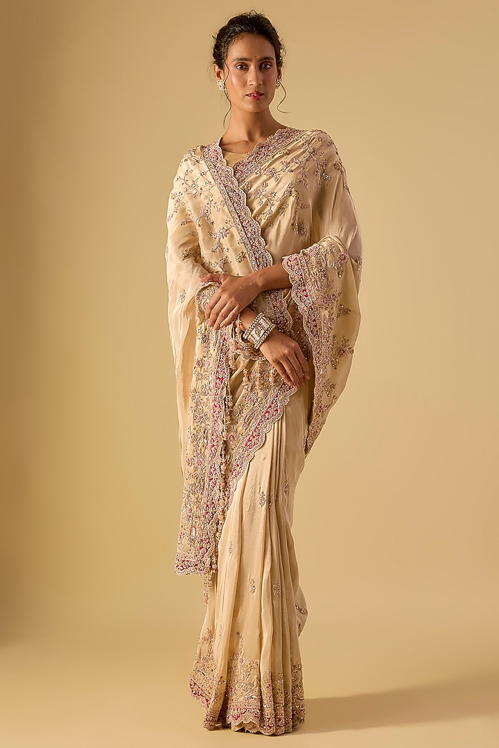 Ivory Tissue Hand & Machine Embroidered Reception Saree Set by Kalighata at Pernia's Pop Up Shop