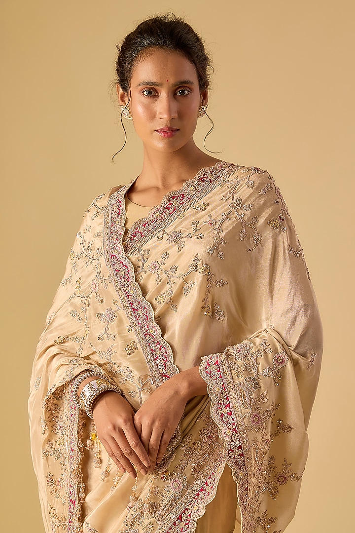 Ivory Tissue Hand & Machine Embroidered Reception Saree Set by Kalighata at Pernia's Pop Up Shop
