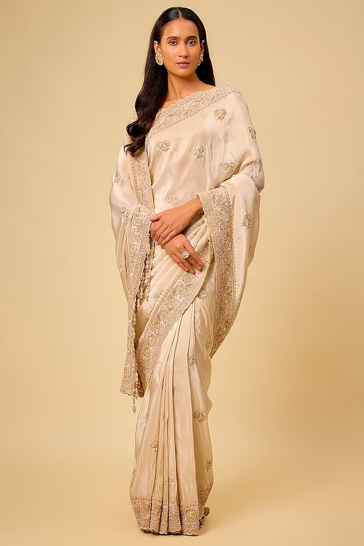 Ivory Tissue Hand & Machine Embroidered Bridal Saree Set by Kalighata at Pernia's Pop Up Shop