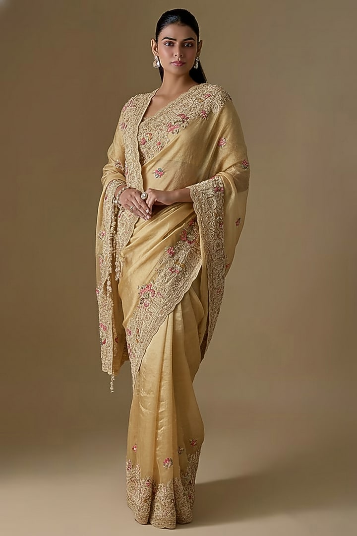 Gold Tissue Hand & Machine Embroidered Bridal Saree by Kalighata at Pernia's Pop Up Shop