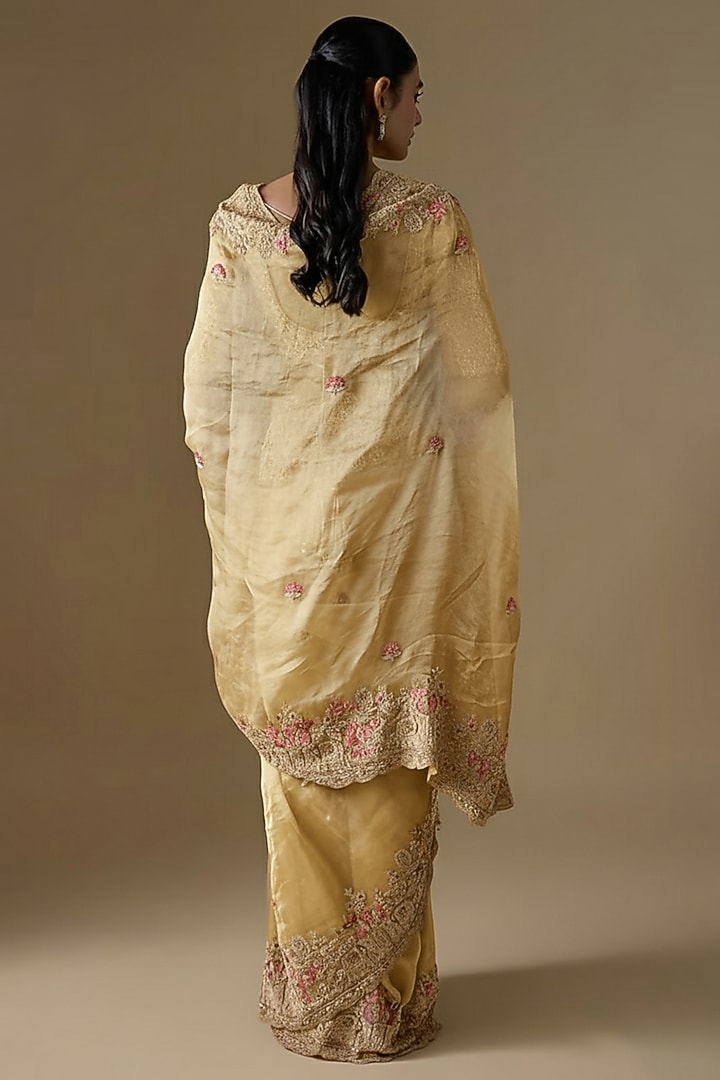 Gold Tissue Hand & Machine Embroidered Bridal Saree by Kalighata at Pernia's Pop Up Shop