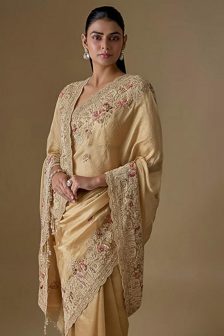 Gold Tissue Hand & Machine Embroidered Bridal Saree by Kalighata at Pernia's Pop Up Shop