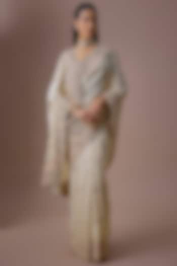 Ivory Tissue Embroidered Bridal Saree Set by Kalighata at Pernia's Pop Up Shop