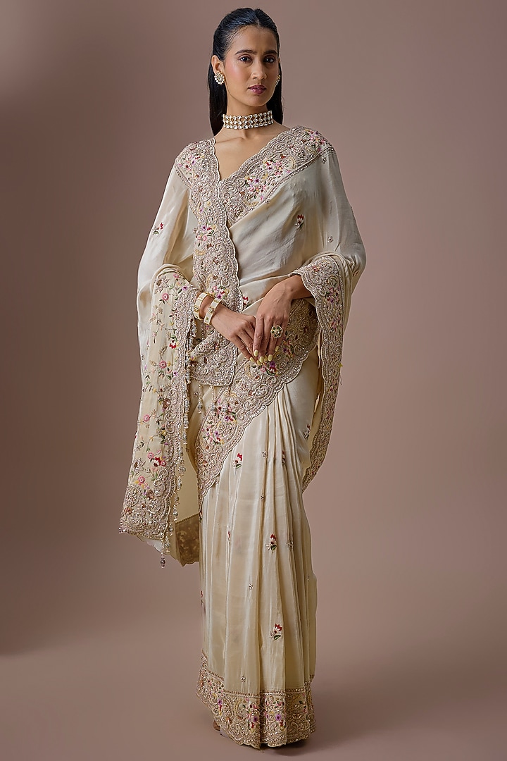 Ivory Tissue Embroidered Bridal Saree Set by Kalighata at Pernia's Pop Up Shop