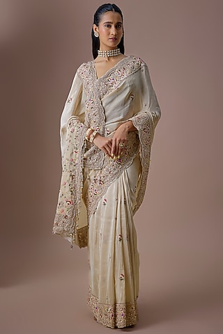 Ivory Tissue Embroidered Saree Set by Kalighata
